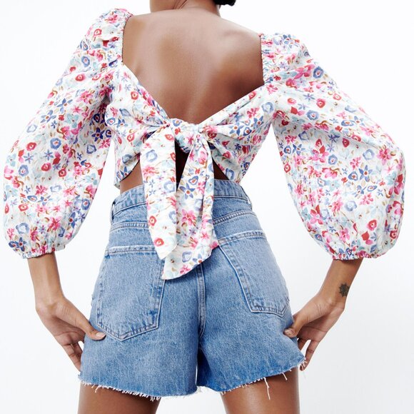 Zara White Colorful Floral Fairy Boho Smocked Tie Back Linen Blend Crop Top - Picture 5 of 12